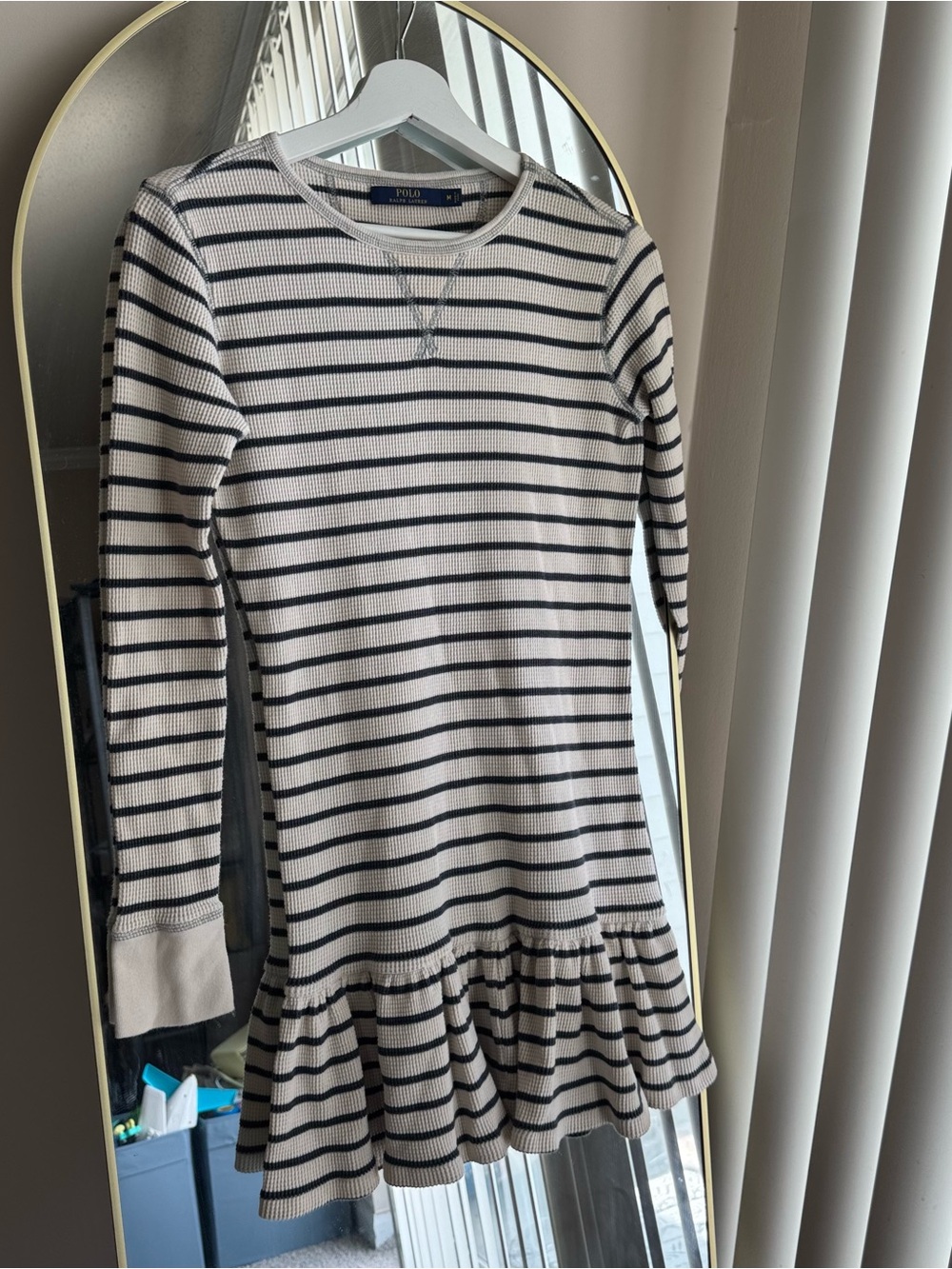 Ralph Lauren Cream and Black Striped Long-Sleeve Ruffle-Hem Top